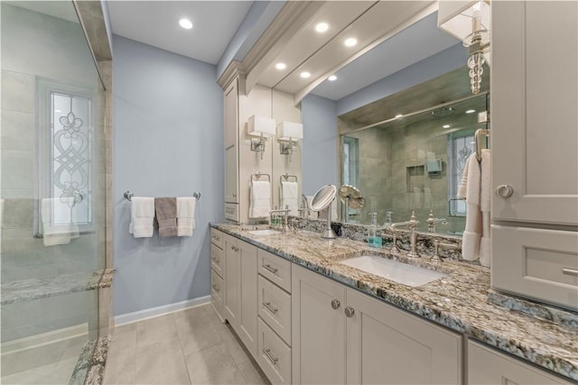 1055 Saint Mellion Dr, Collier Twp, PA 15142 - full bath featuring double vanity, a shower stall, recessed lighting, and tile patterned floors