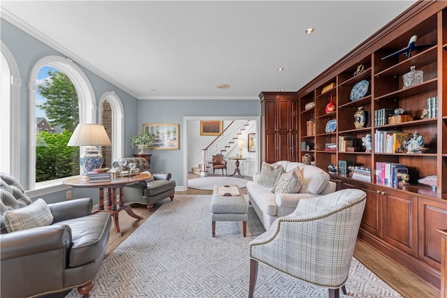 1055 Saint Mellion Dr, Collier Twp, PA 15142 - living area with stairs, light wood-style flooring, ornamental molding, and recessed lighting