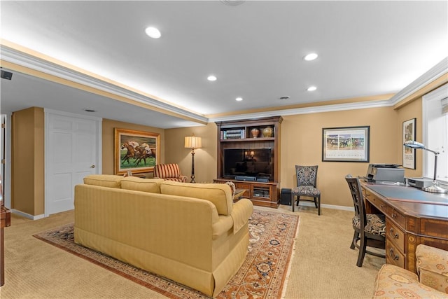 1055 Saint Mellion Dr, Collier Twp, PA 15142 - living area featuring light carpet, recessed lighting, a desk, and crown molding
