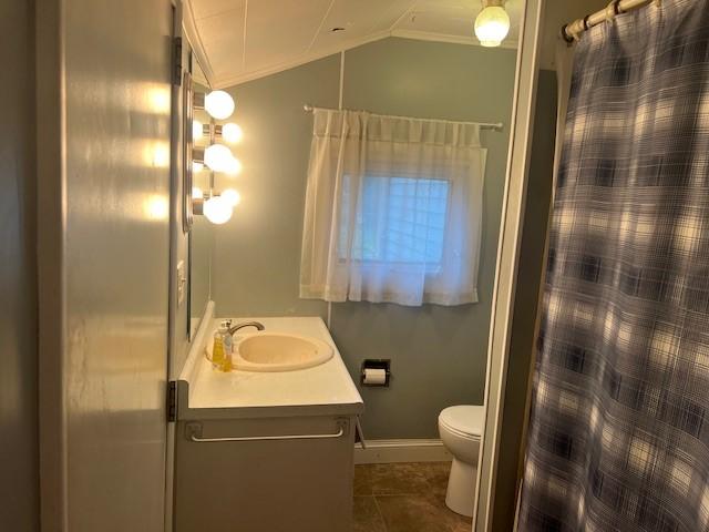 43 N 10th St, Sharpsville, PA 16150 - full bathroom featuring vanity, ornamental molding, vaulted ceiling, curtained shower, and tile patterned floors