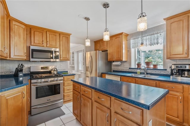 126 Penn Lear Dr, Monroeville, PA 15146 - kitchen with appliances with stainless steel finishes, dark countertops, a center island, and decorative light fixtures