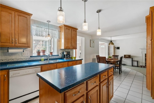 126 Penn Lear Dr, Monroeville, PA 15146 - kitchen featuring dishwasher, a center island, dark countertops, and decorative light fixtures