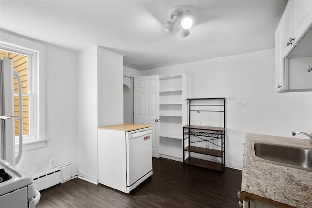 159 S 16th St, South Side, PA 15203 - kitchen with a baseboard heating unit, dark wood finished floors, white cabinetry, and light countertops