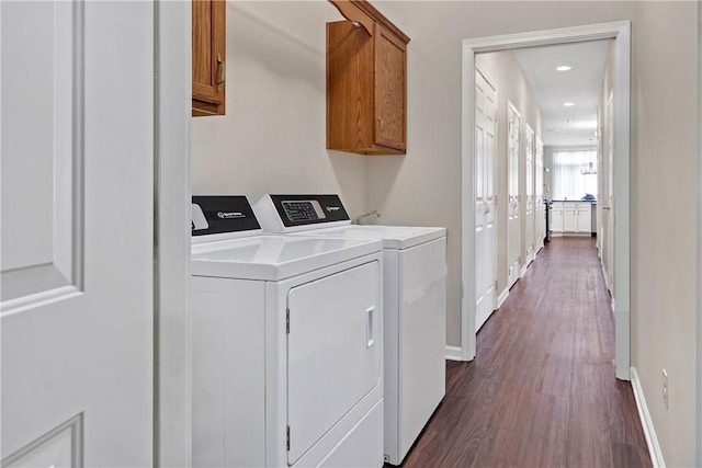 560 Madison Blvd, New Sewickley Twp, PA 15042 - washroom featuring cabinet space, washer and clothes dryer, dark wood-style floors, and recessed lighting