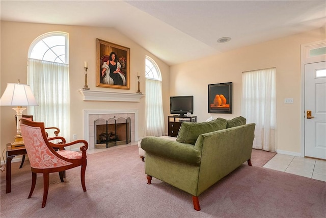 560 Madison Blvd, New Sewickley Twp, PA 15042 - living area featuring light colored carpet, vaulted ceiling, and a fireplace