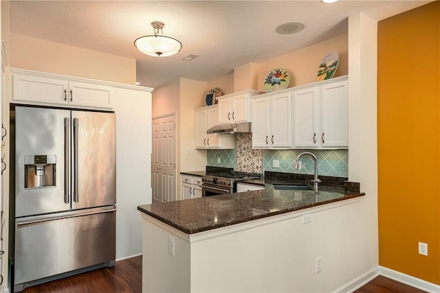 560 Madison Blvd, New Sewickley Twp, PA 15042 - kitchen with appliances with stainless steel finishes, under cabinet range hood, dark wood-style flooring, dark stone counters, and backsplash