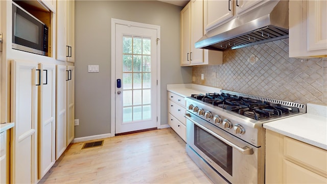 5445 Covode Pl, Squirrel Hill, PA 15217 - kitchen featuring appliances with stainless steel finishes, under cabinet range hood, light wood-type flooring, tasteful backsplash, and light countertops