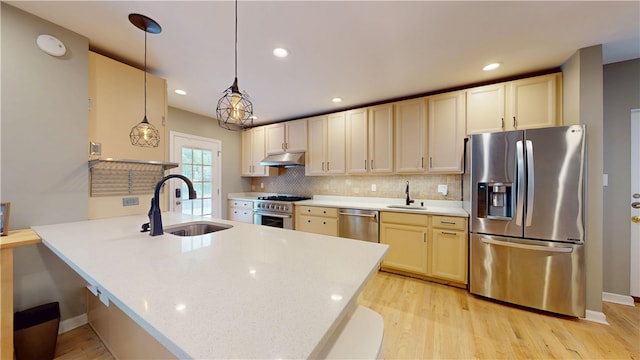5445 Covode Pl, Squirrel Hill, PA 15217 - kitchen with stainless steel appliances, under cabinet range hood, a peninsula, light wood finished floors, and decorative backsplash