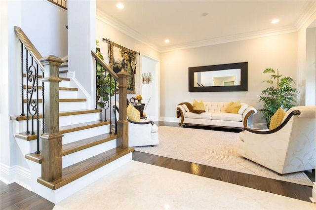 203 Ironwood Ct, Peters Twp, PA 15367 - living area featuring recessed lighting, wood finished floors, ornamental molding, and stairway