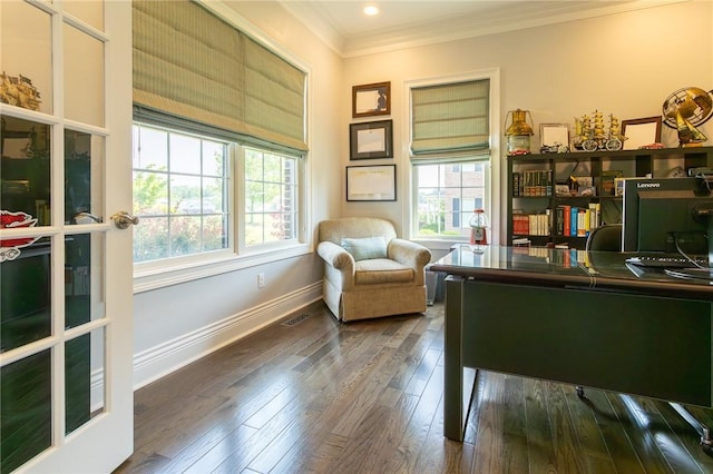 203 Ironwood Ct, Peters Twp, PA 15367 - home office featuring healthy amount of natural light, crown molding, and dark wood finished floors