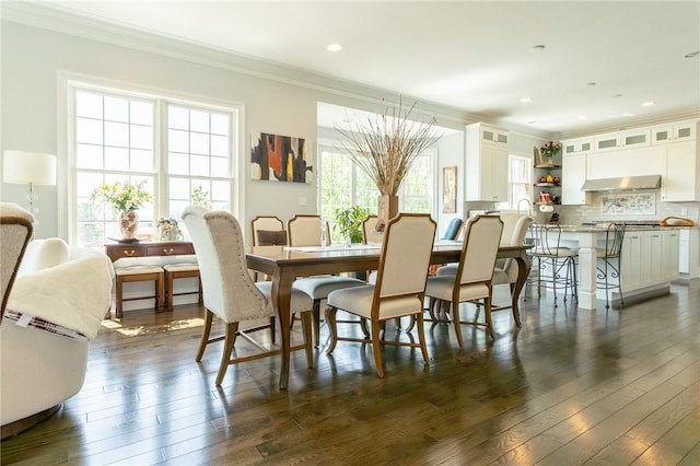 203 Ironwood Ct, Peters Twp, PA 15367 - dining area with crown molding, dark wood-style floors, and recessed lighting