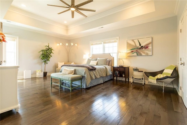 203 Ironwood Ct, Peters Twp, PA 15367 - bedroom featuring a raised ceiling, dark wood finished floors, crown molding, recessed lighting, and a ceiling fan