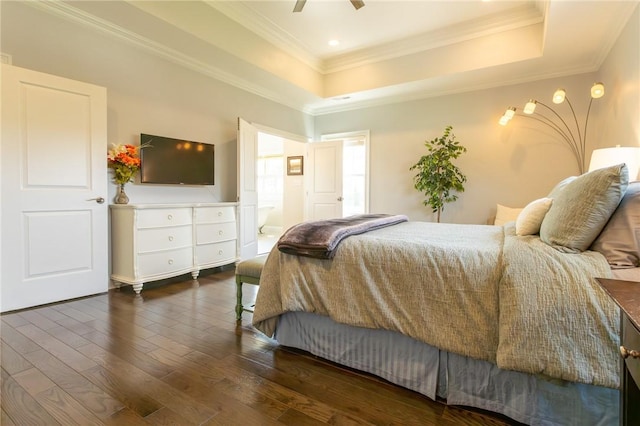 203 Ironwood Ct, Peters Twp, PA 15367 - bedroom featuring a raised ceiling, ornamental molding, dark wood-style floors, and a ceiling fan