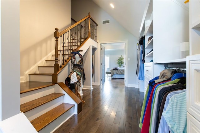 203 Ironwood Ct, Peters Twp, PA 15367 - foyer featuring wood finished floors, stairway, and high vaulted ceiling