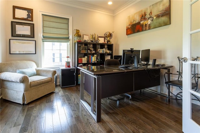 203 Ironwood Ct, Peters Twp, PA 15367 - office area featuring ornamental molding and dark wood-type flooring