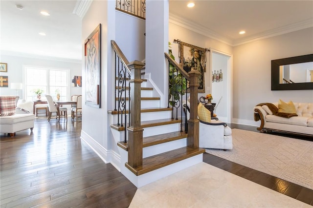 203 Ironwood Ct, Peters Twp, PA 15367 - stairs featuring ornamental molding, recessed lighting, and wood finished floors