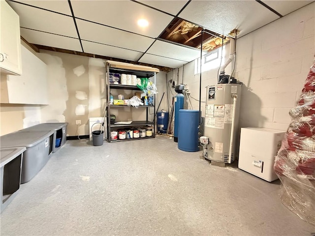 84 Williamson Rd, Hempfield Twp Mer, PA 16125 - unfinished basement featuring water heater, a water softener, concrete block wall, a water pressure tank, and a drop ceiling