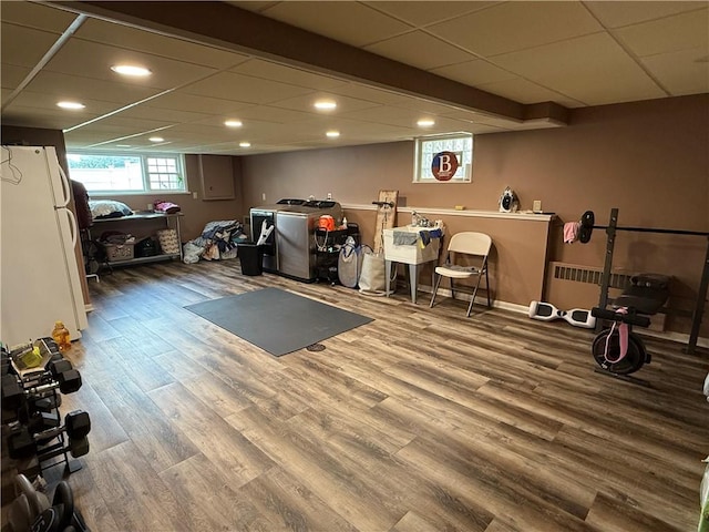 570 Hancock St, Cherryhll Twp/Clymer, PA 15728 - exercise area with wood finished floors, washer and dryer, a drop ceiling, and recessed lighting