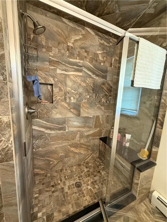 570 Hancock St, Cherryhll Twp/Clymer, PA 15728 - bathroom featuring a shower stall and a baseboard radiator