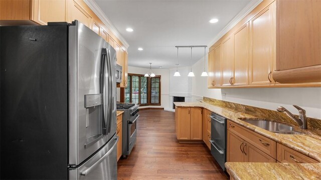 105 Bristol Sq, Ohara, PA 15238 - kitchen with stainless steel appliances, dark wood-type flooring, a peninsula, pendant lighting, and light stone countertops