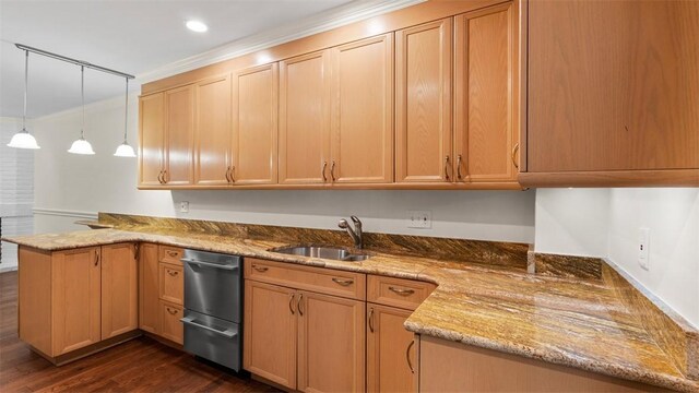 105 Bristol Sq, Ohara, PA 15238 - kitchen with a peninsula, dark wood-style floors, light stone counters, dishwasher, and crown molding