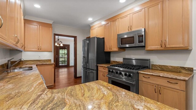 105 Bristol Sq, Ohara, PA 15238 - kitchen featuring appliances with stainless steel finishes, dark wood-type flooring, crown molding, light stone countertops, and light brown cabinetry