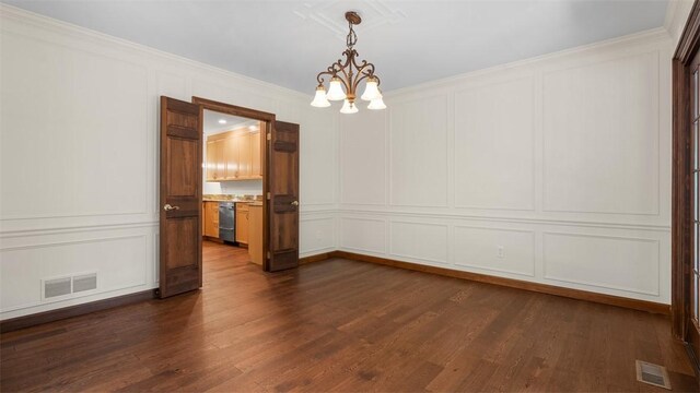 105 Bristol Sq, Ohara, PA 15238 - spare room with a decorative wall, a chandelier, ornamental molding, and dark wood-style floors
