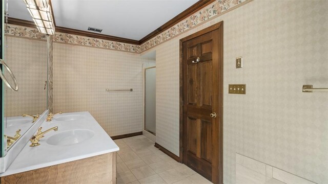 105 Bristol Sq, Ohara, PA 15238 - bathroom with double vanity, a stall shower, ornamental molding, and tile patterned flooring