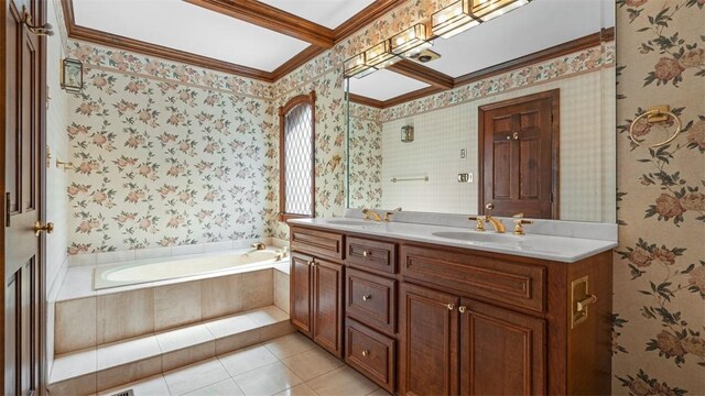 105 Bristol Sq, Ohara, PA 15238 - bathroom featuring wallpapered walls, crown molding, double vanity, a garden tub, and tile patterned floors