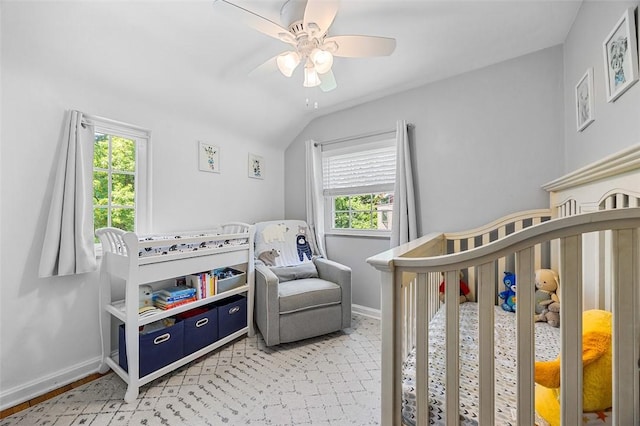 304 Fieldbrook Dr, Mt Lebanon, PA 15228 - bedroom with a crib, a ceiling fan, and vaulted ceiling