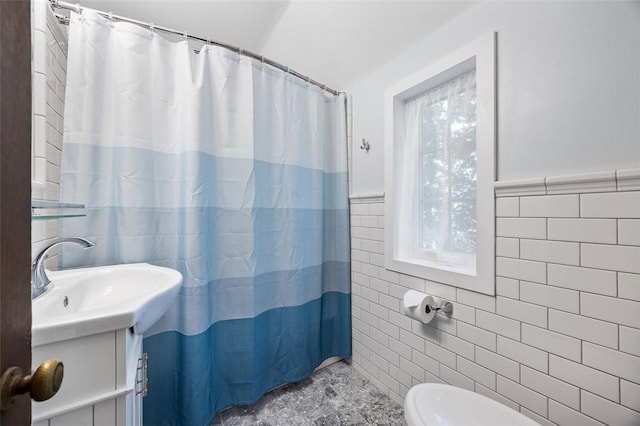 304 Fieldbrook Dr, Mt Lebanon, PA 15228 - bathroom with tile walls, vanity, wainscoting, and a shower with curtain