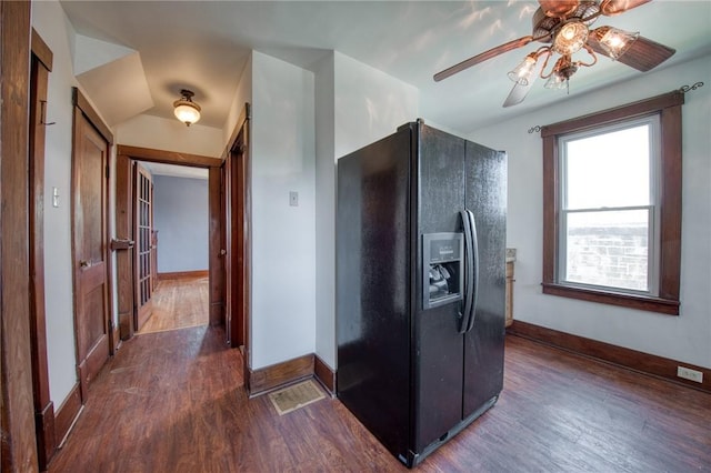 438 Miami St, East Mckeesport, PA 15035 - kitchen with black refrigerator with ice dispenser, wood finished floors, and ceiling fan