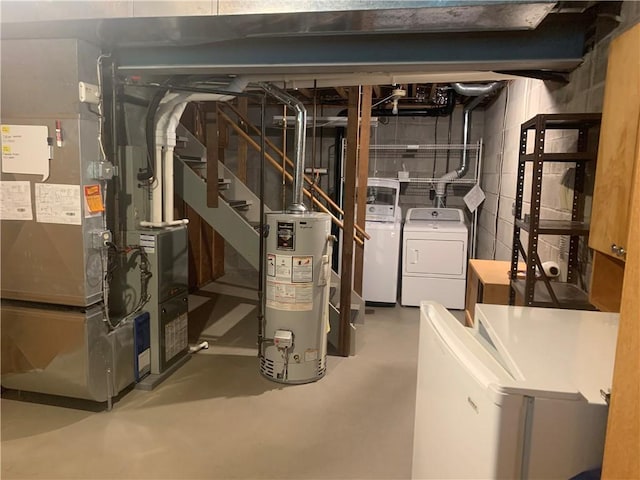 111 Brandywine Dr, Manor, PA 15642 - unfinished basement with gas water heater, washing machine and clothes dryer, refrigerator, and heating unit