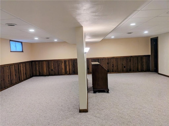 350 American Legion Rd, Unity Twp, PA 15650 - basement with carpet floors, wooden walls, recessed lighting, and a wainscoted wall