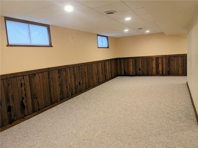 350 American Legion Rd, Unity Twp, PA 15650 - below grade area featuring carpet flooring, wood walls, a wainscoted wall, and recessed lighting