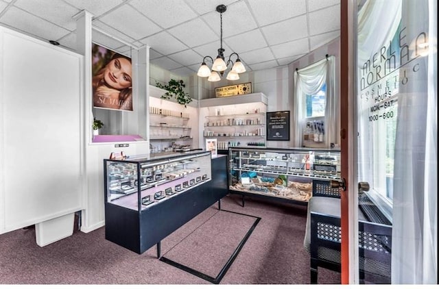 334 E State St, Sharon, PA 16146 - bar area featuring a chandelier, carpet flooring, and a paneled ceiling