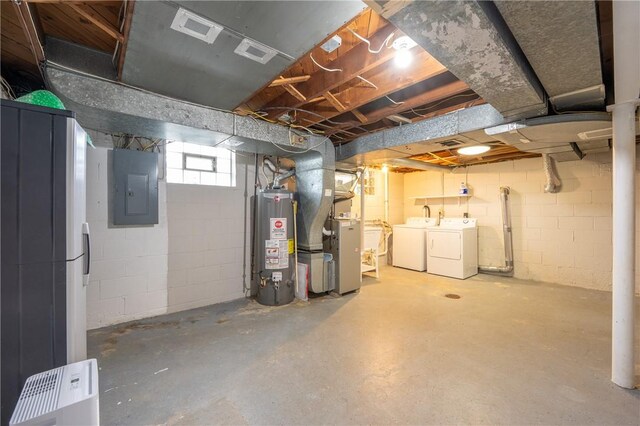 524 Saint Andrews Dr, Hempfield Twp Wml, PA 15601 - below grade area with gas water heater, electric panel, washer and clothes dryer, and heating unit