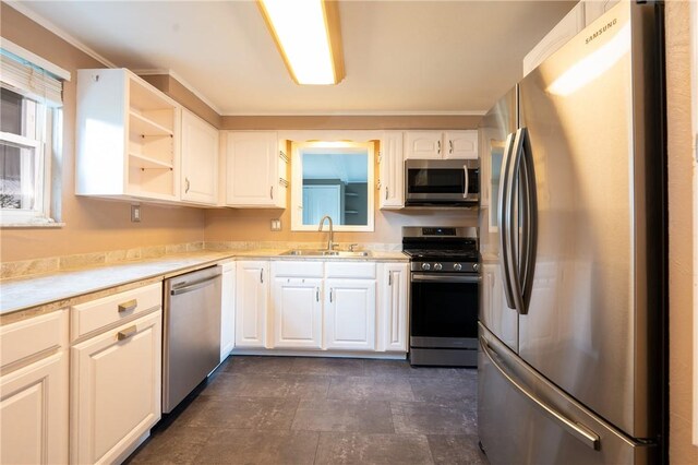 524 Saint Andrews Dr, Hempfield Twp Wml, PA 15601 - kitchen with appliances with stainless steel finishes, light countertops, white cabinets, and open shelves
