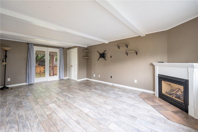 524 Saint Andrews Dr, Hempfield Twp Wml, PA 15601 - unfurnished living room with beam ceiling, a fireplace, and light wood finished floors