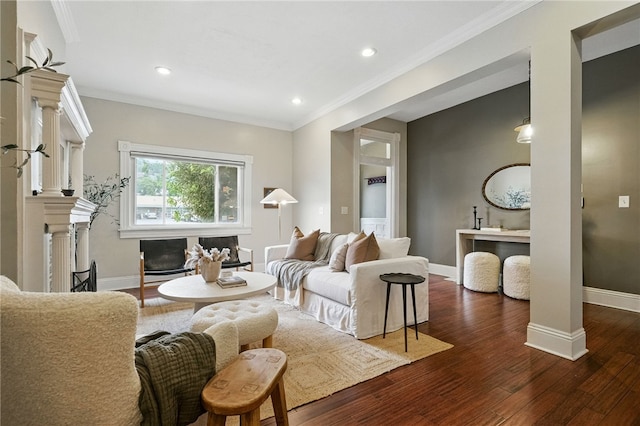 2315 Jane St, South Side, PA 15203 - living area featuring dark wood-style floors, crown molding, recessed lighting, and a fireplace