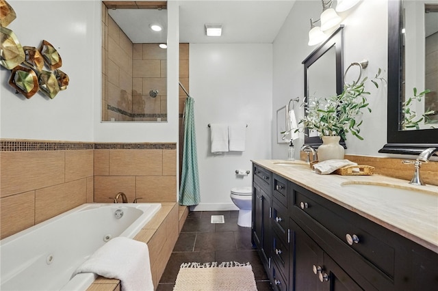 2315 Jane St, South Side, PA 15203 - full bath with a tub with jets, a tile shower, double vanity, and tile patterned flooring