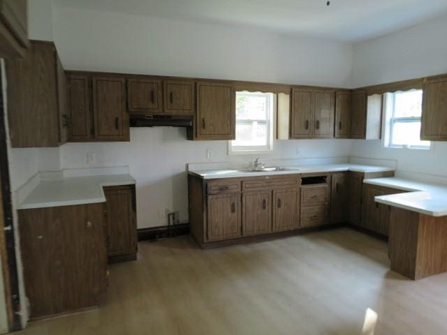 1250 Summerlea Ave, City Of Washington, PA 15301 - kitchen with under cabinet range hood, light wood finished floors, brown cabinets, and plenty of natural light