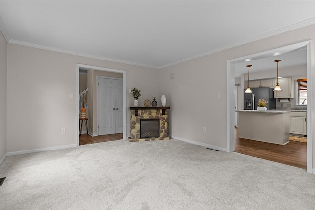 4 Pleasant Grove Dr, Patterson Heights, PA 15010 - unfurnished living room featuring carpet, ornamental molding, and a fireplace