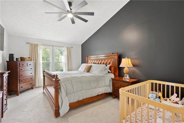 317 Shady Glen Dr, Moon/Crescent Twp, PA 15108 - bedroom with light colored carpet, vaulted ceiling, and ceiling fan