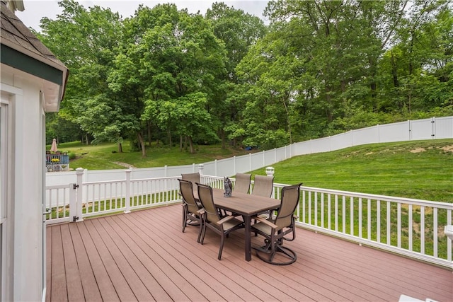 317 Shady Glen Dr, Moon/Crescent Twp, PA 15108 - wooden deck with outdoor dining space, a fenced backyard, and view of scattered trees