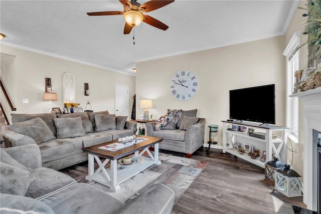 201 Millstream Ln, Zelienople Boro, PA 16063 - living room with ornamental molding, wood finished floors, a ceiling fan, and a fireplace