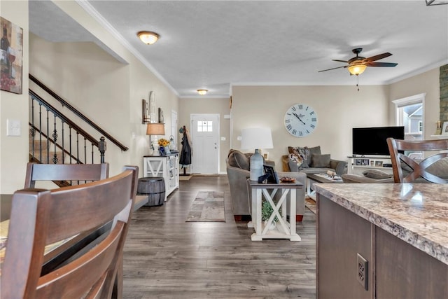 201 Millstream Ln, Zelienople Boro, PA 16063 - living area with crown molding, ceiling fan, dark wood-style flooring, and stairs