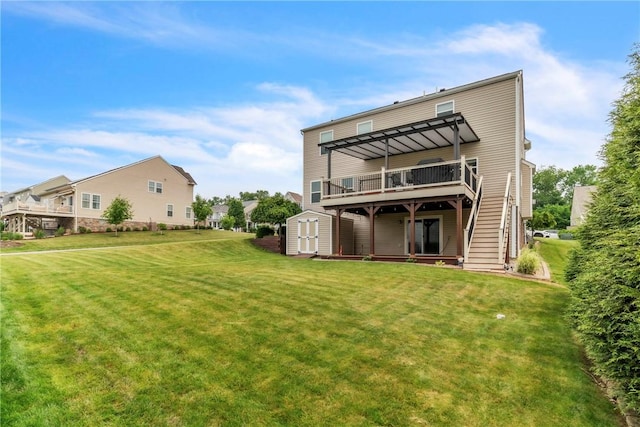201 Millstream Ln, Zelienople Boro, PA 16063 - back of property with a storage shed, a wooden deck, a pergola, and a lawn
