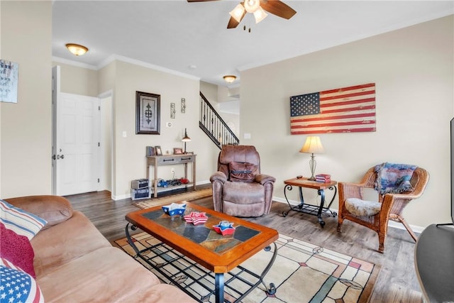 201 Millstream Ln, Zelienople Boro, PA 16063 - living area featuring ceiling fan, wood finished floors, stairs, and ornamental molding