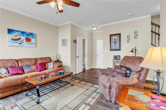 201 Millstream Ln, Zelienople Boro, PA 16063 - living room featuring wood finished floors, a ceiling fan, and crown molding
